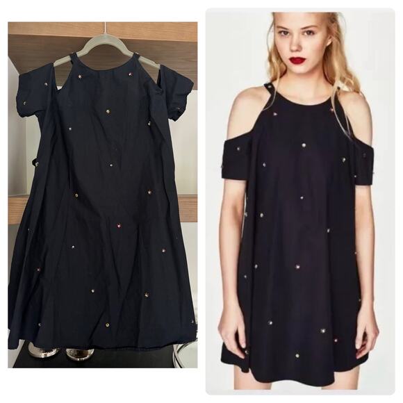 Zara Trafaluc Collection Open Shoulder Beaded Dress in Navy - Picture 3 of 6